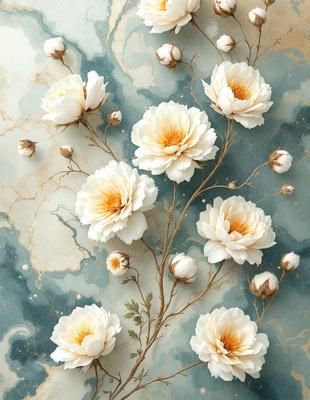 The primary subject of the image is a bouquet of white flowers, which are arranged in a vase. The flowers are placed on a blue marble surface, creating a visually appealing contrast between the flowers and the background. The visual style of the image is a combination of photo and digital art, as it captures the beauty of the flowers in a realistic yet artistic manner. The colors and mood of the image are predominantly white and blue, giving it a serene and calming atmosphere.