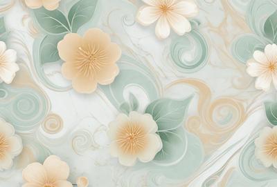 The primary subject of the image is a close-up of a flower, which is the main focus of the image. The setting is a marble wall, and the visual style appears to be a combination of a photo and digital art. The dominant colors in the image are white and yellow, creating a clean and bright atmosphere.