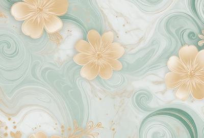The primary subject of the image is a beautifully designed wallpaper featuring a pattern of flowers. The setting is a marble wall, which adds a luxurious and elegant touch to the scene. The visual style of the image is a combination of photo and digital art, creating a realistic yet artistic representation of the flowers. The colors and mood of the image are predominantly blue and white, giving it a serene and calming atmosphere.