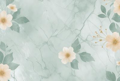 The primary subject of the image is a white flower with green leaves, which is placed on a marble surface. The setting is a white marble wall, and the visual style appears to be a combination of a photo and digital art. The dominant colors are white and green, creating a clean and fresh atmosphere.