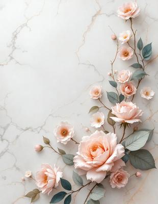 The primary subject of the image is a bouquet of pink flowers. The flowers are arranged in a vase and are placed on a marble surface, which serves as the setting or background. The visual style of the image is a combination of photo and digital art, creating a realistic yet artistic representation of the flowers. The colors and mood of the image are predominantly pink, which gives it a warm and inviting atmosphere.