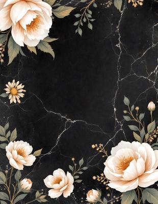 The primary subject of the image is a black marble countertop with a pattern of flowers on it. The setting is a kitchen, and the visual style is a combination of photo and digital art. The dominant colors are black and white, with the flowers adding a touch of color to the overall atmosphere.