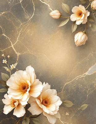 The primary subject of the image is a bouquet of white flowers, which are the main focus of the scene. The flowers are arranged in a vase, and they are placed on a table. The setting is a room with a wall, and the visual style is a combination of photo and digital art. The dominant colors in the image are white and gold, creating a warm and inviting atmosphere.