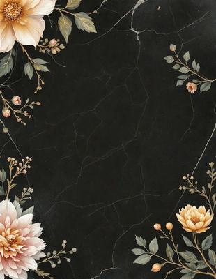 The primary subject of the image is a black marble table with a pattern of flowers on it. The table is set against a backdrop of a wall with a pattern of flowers. The visual style of the image is a combination of photo and digital art, creating a unique and intricate design. The dominant colors in the image are black and various shades of pink, which contribute to a sophisticated and elegant atmosphere.