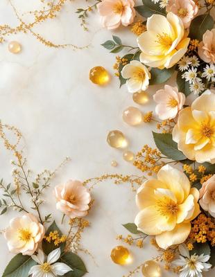 The primary subject of the image is a beautiful arrangement of flowers, including yellow and white flowers, placed on a marble surface. The setting is a white background, which provides a clean and elegant appearance. The visual style is a combination of photo and digital art, creating a realistic yet artistic representation of the flowers. The colors and mood of the image are predominantly warm and inviting, with the yellow and white flowers adding a touch of freshness and natural beauty to the scene.