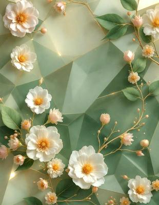 The primary subject of the image is a beautiful arrangement of white flowers, which are the main focus of the scene. The flowers are displayed against a green background, creating a vibrant and lively atmosphere. The visual style of the image is a combination of photo and digital art, as it captures the intricate details of the flowers and their surroundings. The colors and mood of the image are predominantly white and green, with a touch of pink, giving it a fresh and serene appearance.