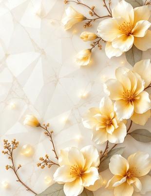 The primary subject of the image is a beautiful arrangement of yellow and white flowers. The flowers are placed on a white marble surface, which serves as the setting and background of the scene. The visual style of the image is a combination of photo and digital art, creating a realistic yet artistic representation of the flowers. The dominant colors of the image are yellow and white, giving it a warm and inviting atmosphere.