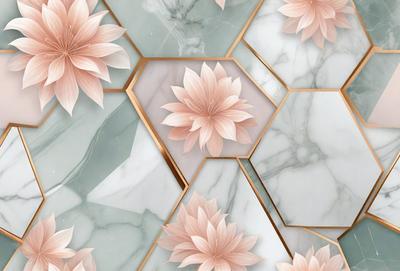 The primary subject of the image is a close-up of a flower, which is the main focus of the image. The setting is a marble surface, which serves as the backdrop for the flower. The visual style is a combination of photo and digital art, creating a realistic yet artistic representation of the flower. The dominant colors in the image are pink and gold, giving the image a warm and elegant atmosphere.
