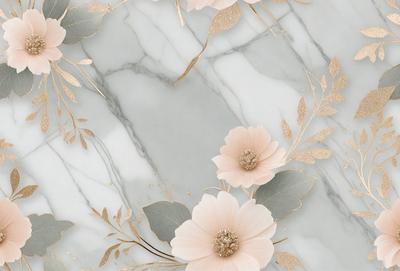 The primary subject of the image is a close-up of a pink flower with gold accents. The setting is a marble surface, which serves as the background. The visual style is a combination of digital art and illustration, creating a unique and eye-catching design. The dominant colors are pink and gold, giving the image a warm and elegant atmosphere.