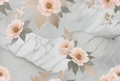 The primary subject of the image is a beautiful arrangement of pink flowers on a marble surface. The flowers are arranged in a pattern, creating a visually appealing and elegant display. The setting is a marble countertop, which adds a touch of sophistication and luxury to the scene. The visual style of the image is a combination of digital art and illustration, resulting in a high-quality and detailed representation of the flowers and the marble surface. The colors and mood of the image are predominantly p