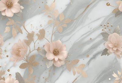 The primary subject of the image is a beautifully designed wallpaper featuring a pattern of pink flowers on a white background. The setting is a marble wall, which adds a touch of elegance and sophistication to the overall atmosphere. The visual style of the image is a combination of photo and digital art, creating a unique and eye-catching design. The colors and mood of the image are predominantly pink and white, evoking a sense of warmth, freshness, and femininity.