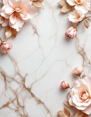 The primary subject of the image is a close-up of a white marble countertop with a few pink flowers placed on it. The setting is a kitchen or a similar indoor space, as the countertop is a common area for food preparation and display. The visual style is a realistic representation of the flowers and the marble countertop, with no indication of digital art or illustration. The colors and mood of the image are predominantly white and pink, creating a clean and elegant atmosphere.