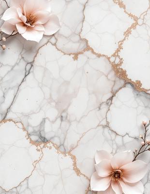 The primary subject of the image is a marble countertop with a patterned surface. The setting is a kitchen or bathroom, as the countertop is a part of the design. The visual style is a combination of photo and digital art, creating a realistic yet artistic representation of the marble countertop. The colors and mood of the image are predominantly white, with a touch of pink, giving it a clean and elegant appearance.