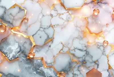 The primary subject of the image is a marble surface with gold accents. The setting is a marble countertop, and the visual style is a combination of photo and digital art. The colors are predominantly white and gold, creating a luxurious and elegant atmosphere.