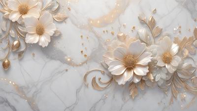 The primary subject of the image is a white flower with a gold center, which is placed on a marble surface. The setting is a white marble countertop, and the visual style appears to be a combination of a photo and digital art. The dominant colors are white and gold, creating a sense of elegance and sophistication.