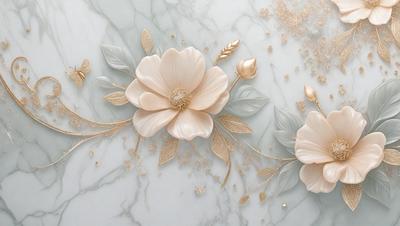 The primary subject of the image is a pair of white flowers with gold accents, which are placed on a marble surface. The setting is a marble countertop, and the visual style is a combination of digital art and illustration. The colors and mood of the image are elegant and sophisticated, with the white flowers and gold accents creating a sense of luxury and refinement.