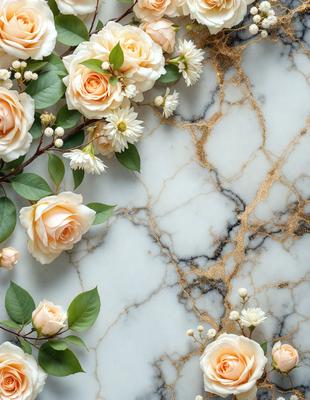 The primary subject of the image is a bouquet of white and pink roses. The setting is a marble countertop, which serves as the backdrop for the flowers. The visual style is a close-up of the flowers, showcasing their beauty and details. The colors and mood of the image are predominantly white and pink, creating a serene and elegant atmosphere.