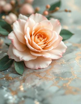 The primary subject of the image is a single white rose, which is the main focus of the scene. The rose is placed on a marble surface, which serves as the setting or background. The visual style of the image is a close-up of the rose, showcasing its details and beauty. The dominant colors in the image are white and pink, creating a serene and elegant atmosphere.
