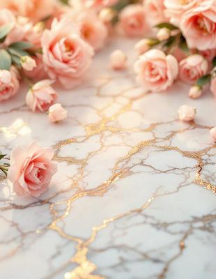 The primary subject of the image is a table with a marble surface. The table is adorned with a beautiful arrangement of pink flowers, creating a visually appealing and elegant setting. The flowers are scattered across the table, with some placed closer to the edge and others more centrally located. The overall atmosphere of the image is one of beauty and sophistication, with the pink flowers adding a touch of warmth and color to the marble surface.