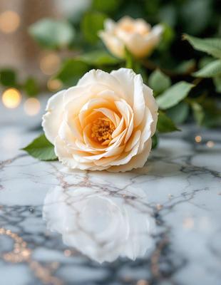 The primary subject of the image is a single white rose with a yellow center, sitting on a marble surface. The setting is a close-up of the rose, with the marble surface reflecting the rose's beauty. The visual style is a realistic, close-up photograph of the rose. The colors are predominantly white and yellow, creating a warm and elegant atmosphere.