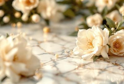 The primary subject of the image is a white flower, which is the main focus of the scene. The flower is placed on a marble table, which serves as the setting or background. The visual style of the image is a photo, capturing the beauty of the flower in its natural environment. The colors in the image are predominantly white, giving the scene a clean and elegant atmosphere.