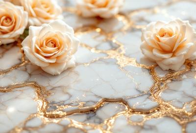 The primary subject of the image is a group of white roses arranged on a marble table. The setting is a white marble table, which serves as the background for the roses. The visual style of the image is a close-up of the roses, showcasing their beauty and details. The colors and mood of the image are predominantly white, giving it a clean and elegant appearance.