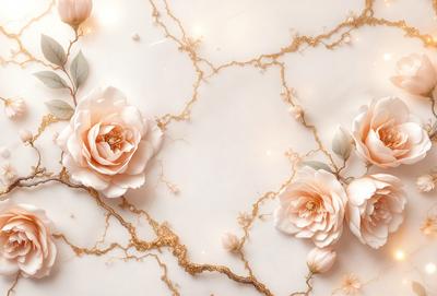 The primary subject of the image is a close-up of three pink roses. The setting is a white marble wall, which serves as the background. The visual style is a combination of a photo and digital art, creating a realistic yet artistic representation of the flowers. The colors are predominantly pink, which gives the image a warm and romantic atmosphere.