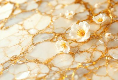The primary subject of the image is a white marble table with a gold-like texture. The table is adorned with three white flowers, which are the main objects of the scene. The setting is a tabletop, and the visual style is a combination of a photo and digital art. The colors and mood of the image are elegant and sophisticated, with the gold-like texture and white flowers creating a luxurious and refined atmosphere.
