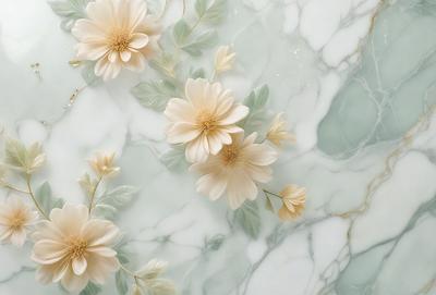 The primary subject of the image is a close-up of white flowers, possibly daisies, arranged in a vase. The flowers are placed on a marble surface, which serves as the setting and background of the image. The visual style appears to be a combination of a photo and digital art, as the flowers are depicted in a detailed and realistic manner. The colors and mood of the image are predominantly white, giving it a clean and elegant appearance.