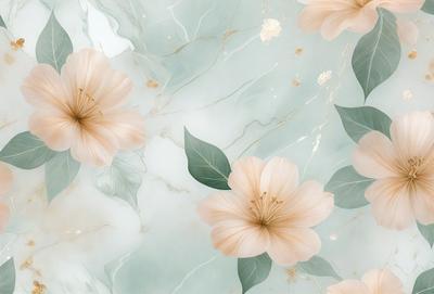 The primary subject of the image is a close-up of a flower, with a focus on its petals and leaves. The setting is a blue and white marbled wall, which serves as the background. The visual style is a combination of a photo and digital art, creating a realistic yet artistic representation of the flower. The dominant colors are blue and white, with the flower being predominantly white, and the petals and leaves being shades of blue. The overall atmosphere is serene and calming, with the flower being
