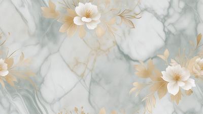 The primary subject of the image is a white marble wall with a pattern of gold flowers. The setting is a white marble wall, and the visual style is a combination of digital art and illustration. The dominant colors are white and gold, creating a clean and elegant atmosphere.