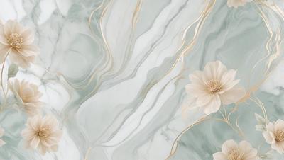 The primary subject of the image is a white flower with a gold stem, which is placed on a blue and white marble surface. The setting is a marble countertop, and the visual style appears to be a photo. The dominant colors in the image are white and blue, creating a calm and serene atmosphere.