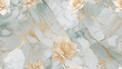 The primary subject of the image is a close-up of a white flower with a gold stem, placed on a marble surface. The setting is a marble wall, and the visual style appears to be a combination of a photo and digital art. The dominant colors are white and gold, creating a sense of elegance and sophistication.
