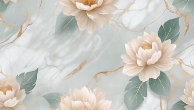 The primary subject of the image is a close-up of a white flower with a gold center, which is placed on a marble surface. The setting is a white marble wall, and the visual style appears to be a combination of a photo and digital art. The dominant colors are white and gold, creating a serene and elegant atmosphere.