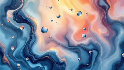 The primary subject of the image is a colorful, abstract painting featuring a mix of blue, orange, and yellow hues. The setting is a vibrant, swirling background with a variety of bubbles and droplets scattered throughout the scene. The visual style is a combination of digital art and illustration, creating a dynamic and engaging artwork. The colors and mood of the painting evoke a sense of energy and movement, making it an eye-catching and captivating piece of art.