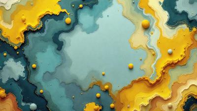 The primary subject of the image is a painting featuring a blue and yellow color scheme. The setting is a canvas, and the visual style appears to be a combination of digital art and illustration. The painting is filled with various shapes, including circles and other geometric forms, creating a vibrant and dynamic scene. The dominant colors are blue and yellow, giving the painting a lively and cheerful atmosphere.