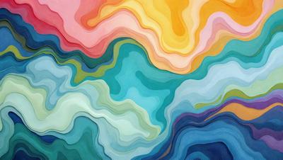The primary subject of the image is a colorful painting featuring a variety of colors and patterns. The setting is a painting, and the visual style is a mix of digital art and illustration. The dominant colors in the painting are blue, green, and yellow, creating a vibrant and lively atmosphere.