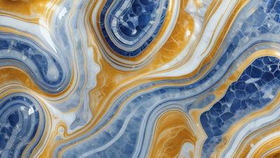The primary subject of the image is a close-up of a marbled stone, featuring a mix of blue, yellow, and orange colors. The setting is a natural environment, with the stone being the main focus of the scene. The visual style is a close-up of the stone, showcasing its unique and intricate patterns. The colors and mood of the image are vibrant and lively, with the blue, yellow, and orange hues creating a sense of warmth and natural beauty.