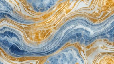 The primary subject of the image is a blue and yellow marbled stone. The setting is a close-up of the stone, showcasing its unique and intricate pattern. The visual style is a realistic representation of the stone, capturing its natural beauty. The dominant colors in the image are blue and yellow, creating a vibrant and eye-catching atmosphere.
