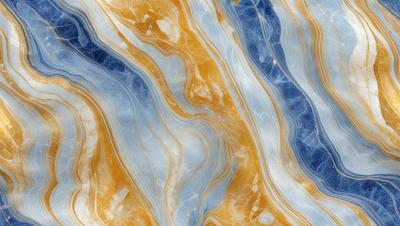 The primary subject of the image is a marbled stone with a yellow and blue color scheme. The setting is a close-up of the stone, showcasing its unique pattern and texture. The visual style is a realistic representation of the stone, capturing its natural beauty. The colors and mood of the image are vibrant and lively, with the yellow and blue hues creating a sense of warmth and energy.