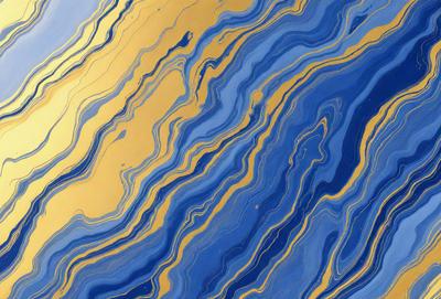 The primary subject of the image is a blue and gold swirling pattern, which appears to be a painting or a digital artwork. The setting is a blue background, and the visual style is a combination of photo and digital art. The dominant colors are blue and gold, creating a vibrant and lively atmosphere.