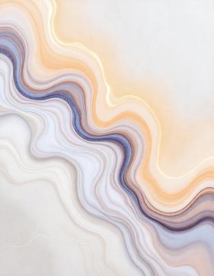 The primary subject of the image is a large, colorful, and intricate marble wall. The setting is a room with a white background, which contrasts with the vibrant colors of the marble. The visual style is a combination of photo and digital art, creating a unique and eye-catching pattern. The dominant colors are white, blue, and orange, giving the marble wall a warm and inviting atmosphere.
