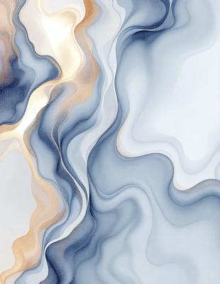 The primary subject of the image is a blue and white painting featuring a swirling pattern. The setting is a white background, and the visual style appears to be a digital art or illustration. The dominant colors in the painting are blue and white, creating a calm and serene atmosphere.