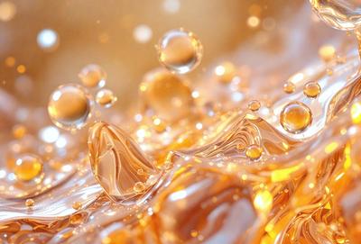 The primary subject of the image is a close-up of a yellow liquid, possibly a sauce or a beverage, with bubbles floating on top. The setting is a kitchen or a dining area, as the liquid is placed on a table. The visual style is a close-up, which emphasizes the details of the bubbles and the yellow liquid. The colors and mood of the image are warm and inviting, with the yellow liquid and the bubbles creating a sense of movement and liveliness.