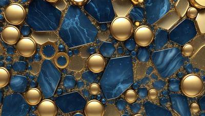 The primary subject of the image is a blue and gold patterned wallpaper with a blue background. The setting is a room with a blue and gold wallpapered wall. The visual style is a digital art or illustration, creating a unique and eye-catching design. The dominant colors are blue and gold, giving the wallpaper a luxurious and elegant appearance.