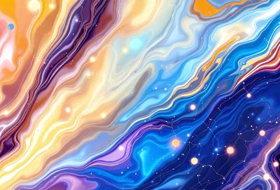 The primary subject of the image is a vibrant, colorful, and abstract artwork featuring a blue and purple background with yellow accents. The setting is a space-like environment, possibly a galaxy or a celestial background. The visual style is a combination of digital art and illustration, creating a unique and captivating artwork. The dominant colors are blue, purple, and yellow, which contribute to a sense of depth, movement, and energy in the artwork.
