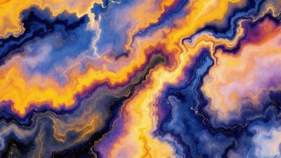 The primary subject of the image is a vibrant and colorful painting featuring a mix of yellow, blue, and purple hues. The painting is set against a backdrop of a blue sky, creating a striking contrast. The visual style of the painting appears to be a combination of digital art and illustration, with a focus on intricate patterns and textures. The overall atmosphere of the painting is lively and energetic, with the bold colors and dynamic patterns capturing the viewer's attention.