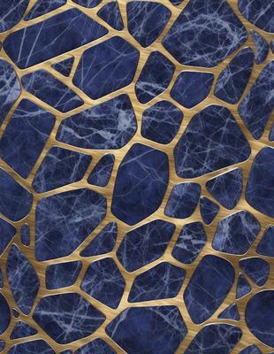 The primary subject of the image is a blue and gold patterned wallpaper. The setting is a blue and gold wallpapered room. The visual style is a close-up of the wallpaper, showcasing the intricate design. The colors and mood of the image are predominantly blue and gold, creating a warm and inviting atmosphere.
