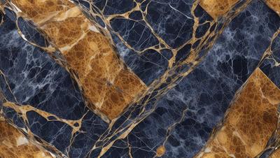 The primary subject of the image is a close-up of a marble tile with a blue and gold color scheme. The setting is a blue and gold marble tile, which serves as the background. The visual style is a close-up of the marble tile, showcasing its intricate design and texture. The colors and mood of the image are predominantly blue and gold, creating a luxurious and elegant atmosphere.