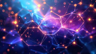 The primary subject of the image is a blue and purple nebula, which is a three-dimensional structure made up of interconnected lines and shapes. The setting is a dark, starry sky, with the nebula as the main focus. The visual style is a combination of digital art and illustration, creating a vibrant and dynamic scene. The colors and mood of the image are predominantly blue and purple, giving it a serene and celestial atmosphere.